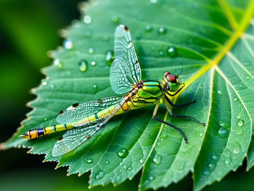 Detalle asombroso de macrofotografía de insectos: una libélula verde reposa sobre una hoja cubierta de rocío, reflejando la belleza natural