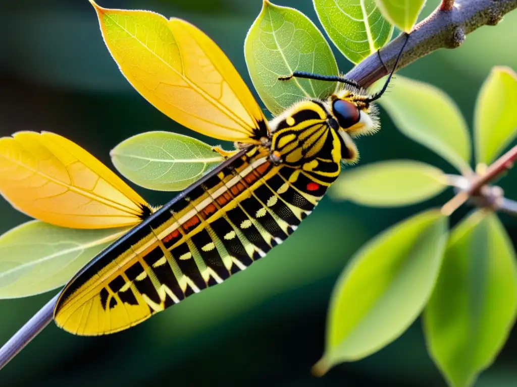 Detalle asombroso de insectos en ramas, con luz solar filtrándose