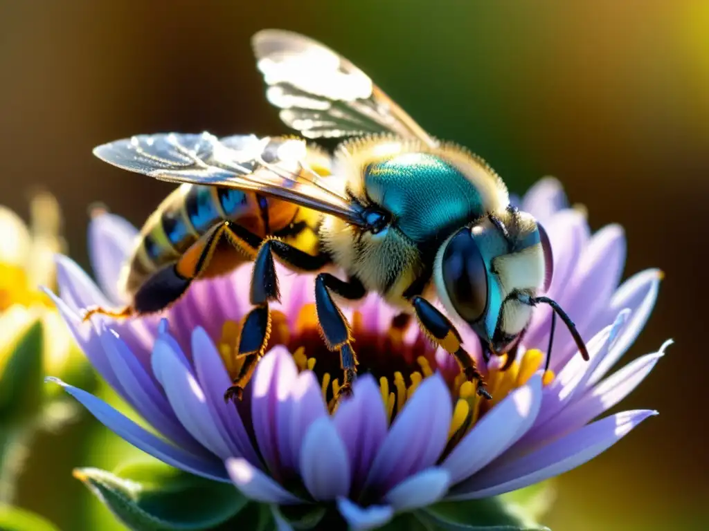 Detalle asombroso de comunicación en insectos solitarios: una abeja vibrante y delicada sobre una flor vibrante, con alas iridiscentes