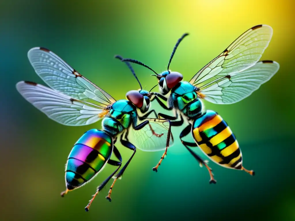 Detalle asombroso de comunicación entre insectos voladores durante el vuelo, capturando sus alas y vibraciones en el aire