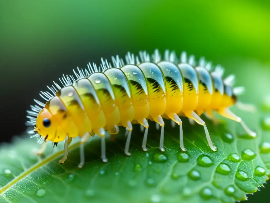 Detalle asombroso: larva de insecto en metamorfosis, rodeada de hojas verdes y rocío