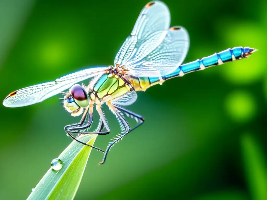 Detalle asombroso de una libélula verde en su hábitat natural