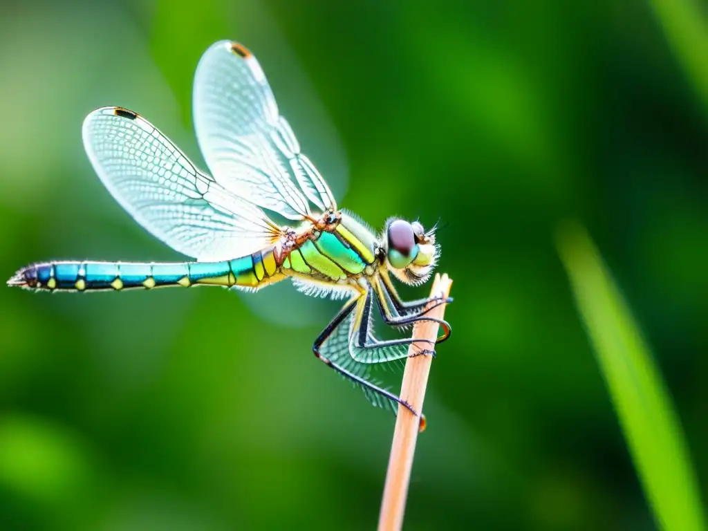 Detalle asombroso de una libélula verde en su hábitat natural