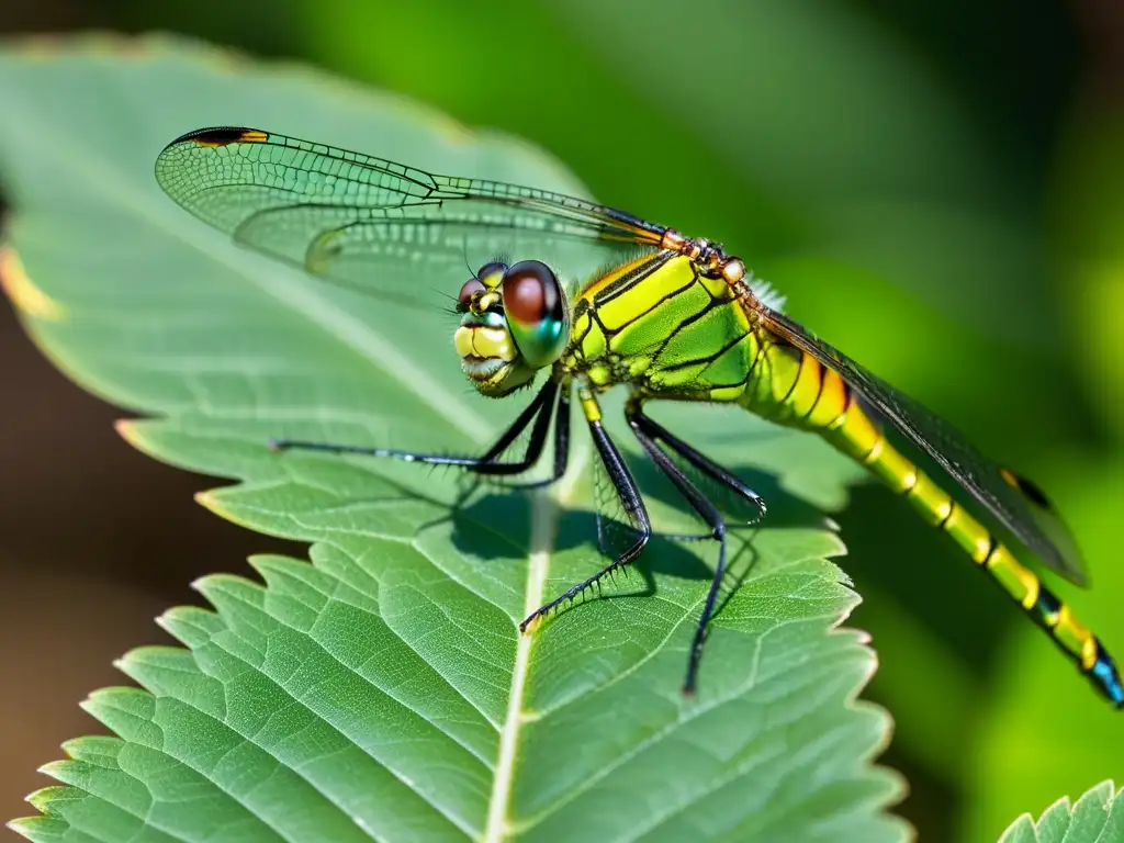 Detalle asombroso de una libélula verde sobre hoja, mostrando sus alas translúcidas al sol en un entorno natural