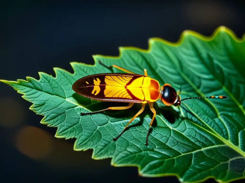 Detalle asombroso de una luciérnaga con bioluminiscencia en la oscuridad