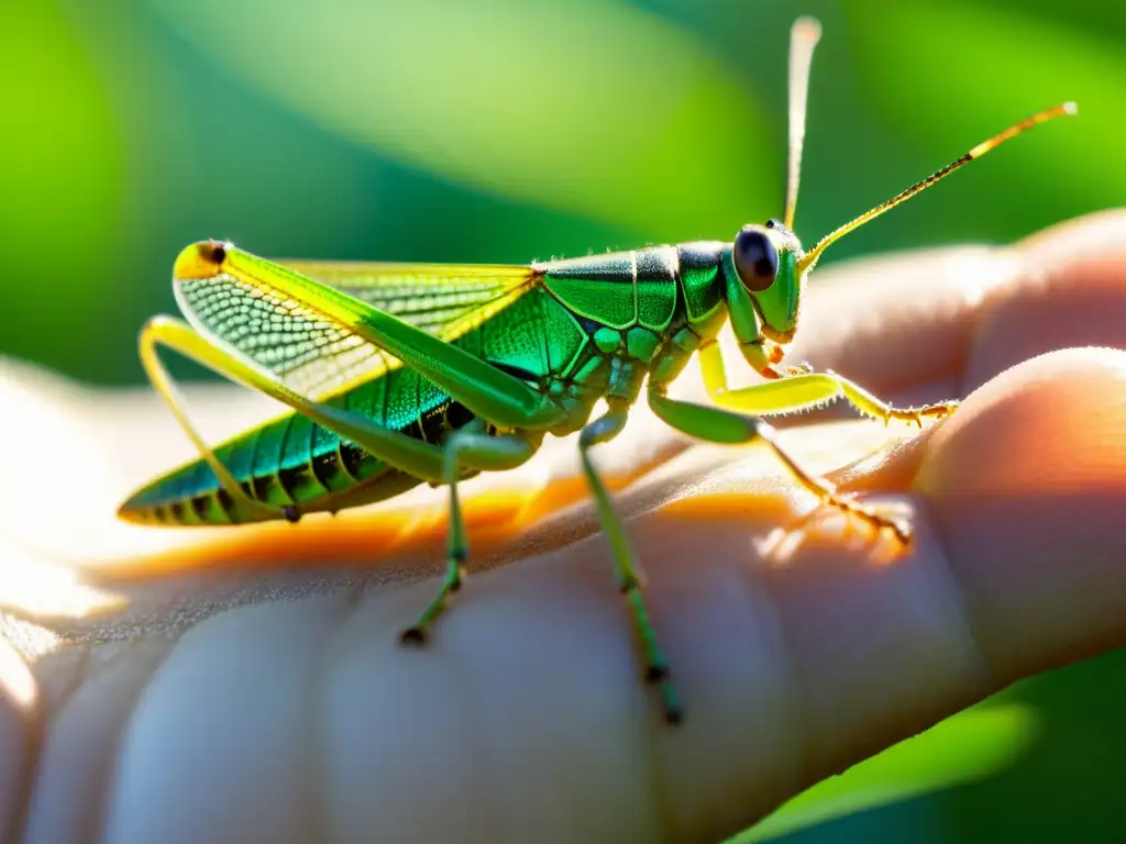 Detalle asombroso de una mano sosteniendo un saltamontes verde vibrante, con sus alas y antenas delicadas visibles en claridad