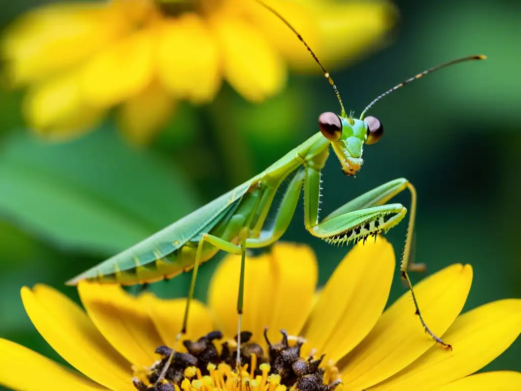 Detalle asombroso de una mantis religiosa verde brillante en una flor amarilla