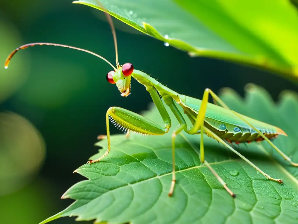 Detalle asombroso de una mantis religiosa verde sobre una hoja, destacando la importancia de los insectos en espectáculos naturales