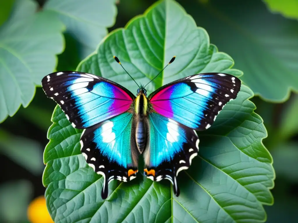 Detalle asombroso de una mariposa colorida posada en una hoja verde vibrante, revelando sus patrones e iridiscencia