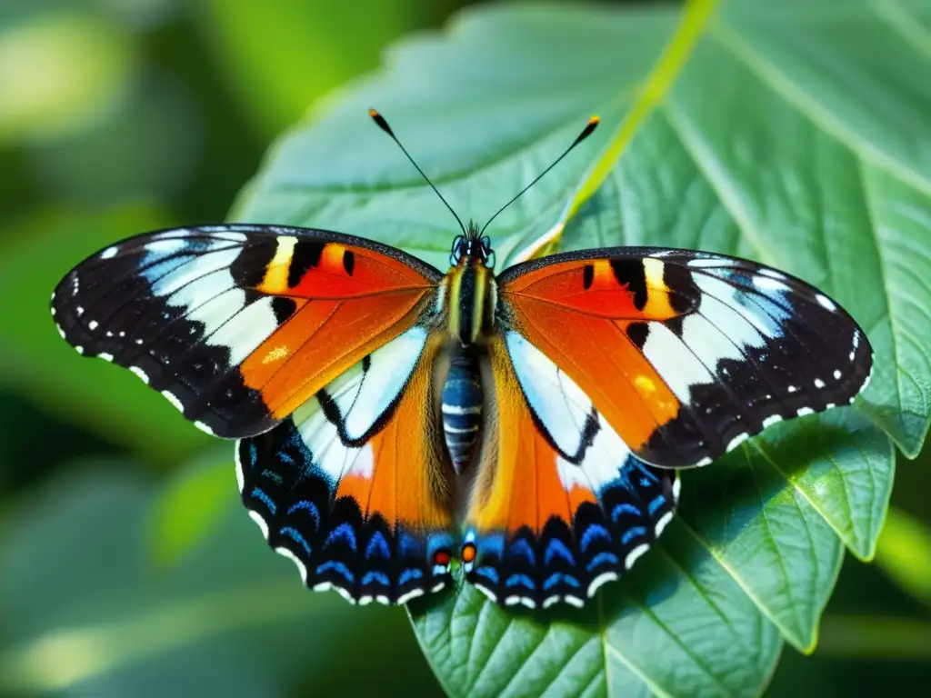 Detalle asombroso de una mariposa en una hoja verde, reflejando la importancia cultural de los insectos en la naturaleza