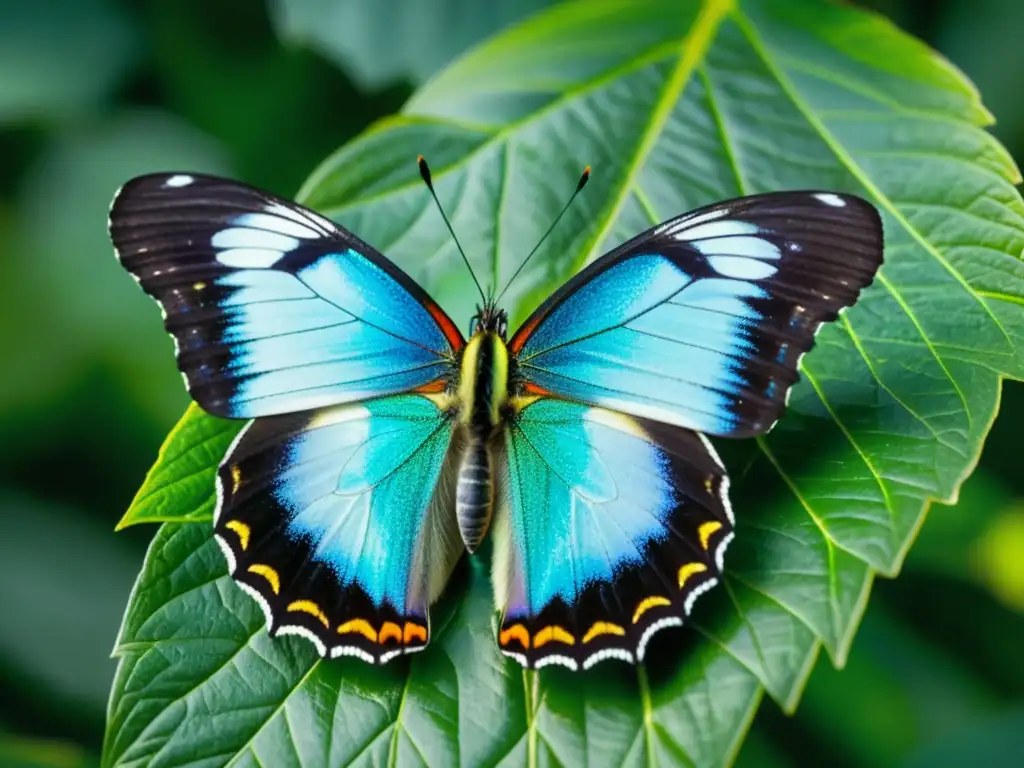 Detalle asombroso de mariposa en hoja verde, resaltando genómica de los insectos para evolución