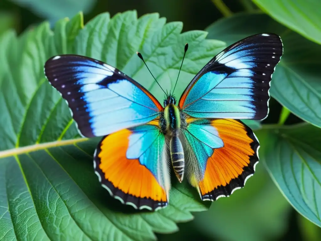 Detalle asombroso de una mariposa en una hoja verde, muestra sus alas iridiscentes