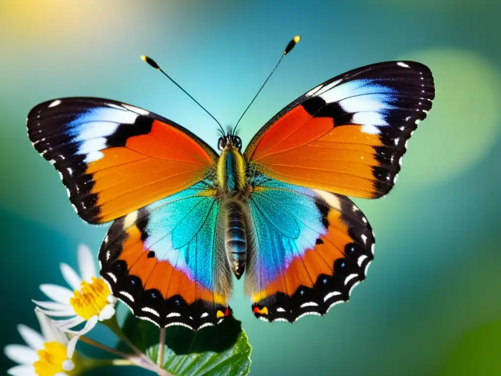 Detalle asombroso de una mariposa iridiscente posada en una flor, con patrones alados, vellos y polen nítidos