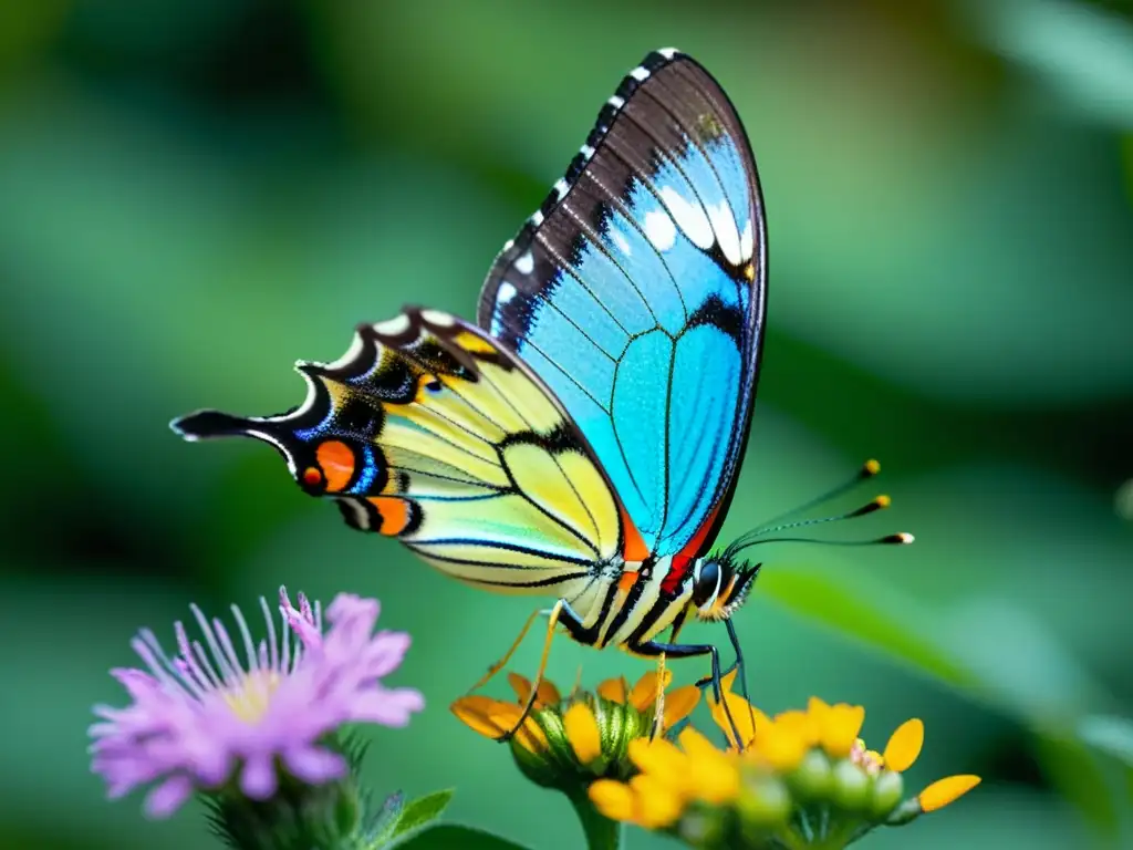 Detalle asombroso de mariposa iridiscente posada en flor silvestre