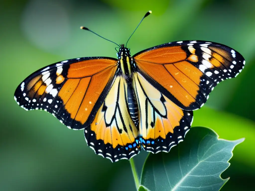 Detalle asombroso de una mariposa monarca posada en una planta de algodoncillo, con sus alas transparentes iluminadas por el sol