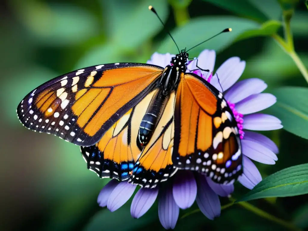 Detalle asombroso de una mariposa monarca en una flor morada