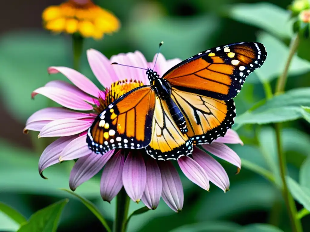 Detalle asombroso de mariposa monarca en flor morada con aplicaciones ciencia ciudadana estudio insectos