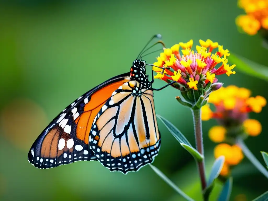 Detalle asombroso de una mariposa monarca posada en una flor de algodoncillo naranja, resaltando la importancia de los insectos en ecosistemas