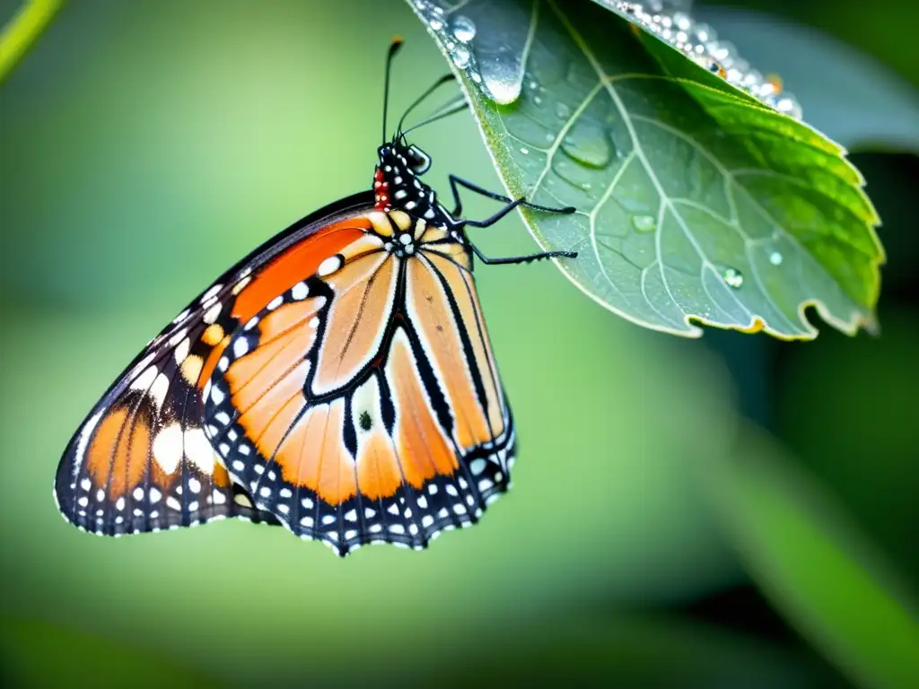 Detalle asombroso de una mariposa monarca emergiendo de su crisálida, con alas delicadas y marcados patrones naranjas y negros