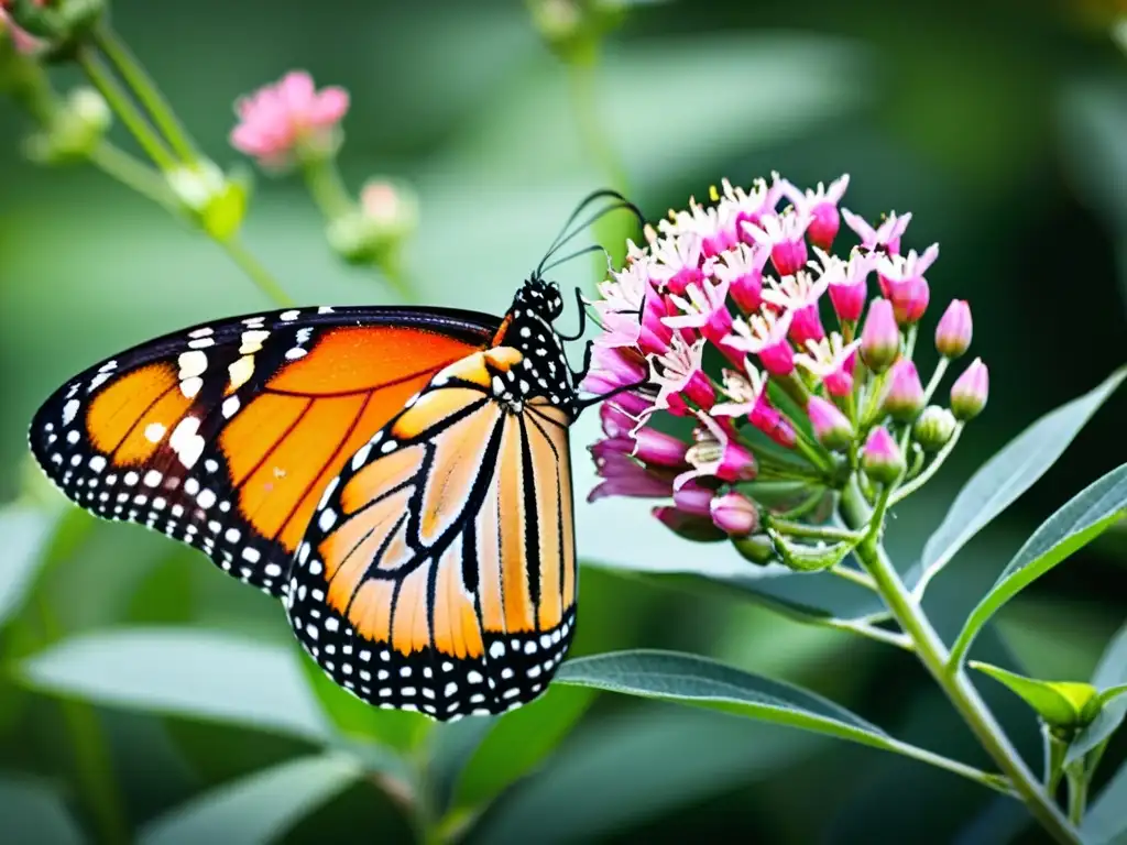 Detalle asombroso de una mariposa monarca posada en una flor rosa, listándose para sus rutas migratorias de mariposas