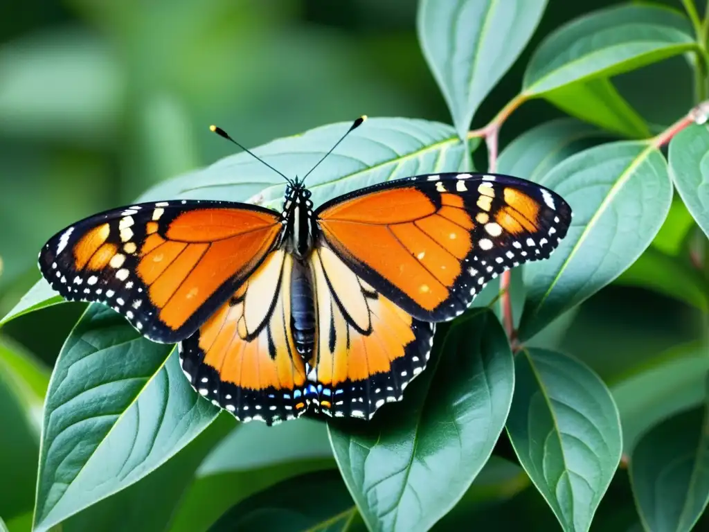 Detalle asombroso de una mariposa monarca en una planta de algodoncillo, reflejando la belleza de la naturaleza