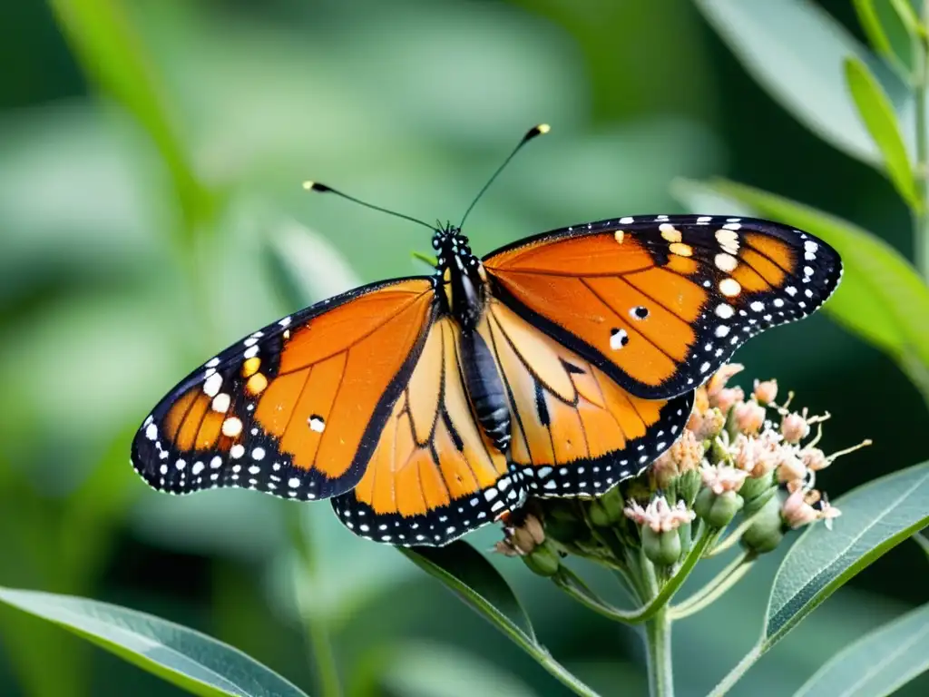 Detalle asombroso de una mariposa monarca vibrante en una planta de algodoncillo, mostrando la relación crucial entre la mariposa y su hábitat