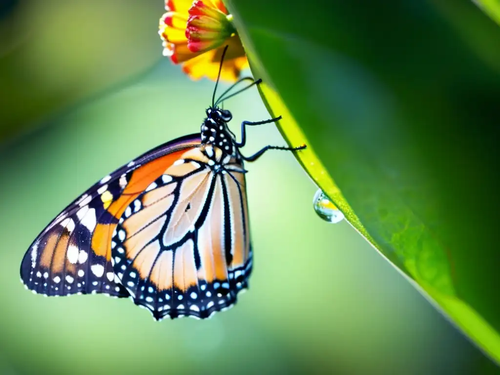 Detalle asombroso de una mariposa Monarca emergiendo de su crisálida, mostrando sus alas translúcidas con patrones naranja y negro