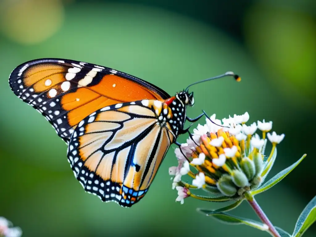 Detalle asombroso de una mariposa monarca posada en una flor de algodoncillo, con sus alas desplegadas