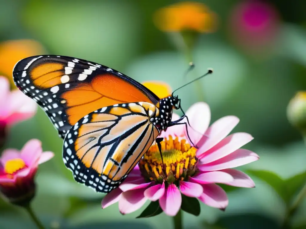 Detalle asombroso de una mariposa monarca sobre una flor rosa, revelando sus patrones y delicadeza