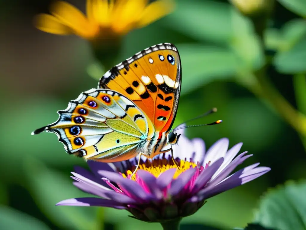 Detalle asombroso de mariposa multicolor en flor, resaltando su belleza natural