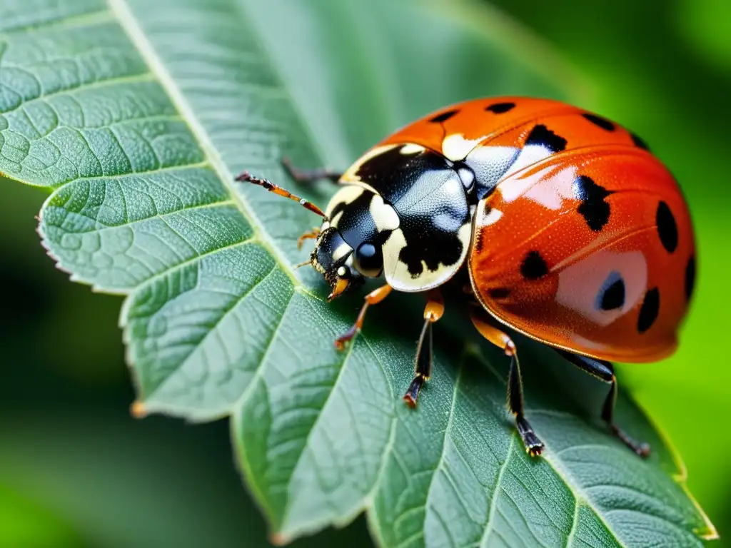 Detalle asombroso de una mariquita sobre una hoja verde vibrante, mostrando sus alas rojas y negras, y sus patas