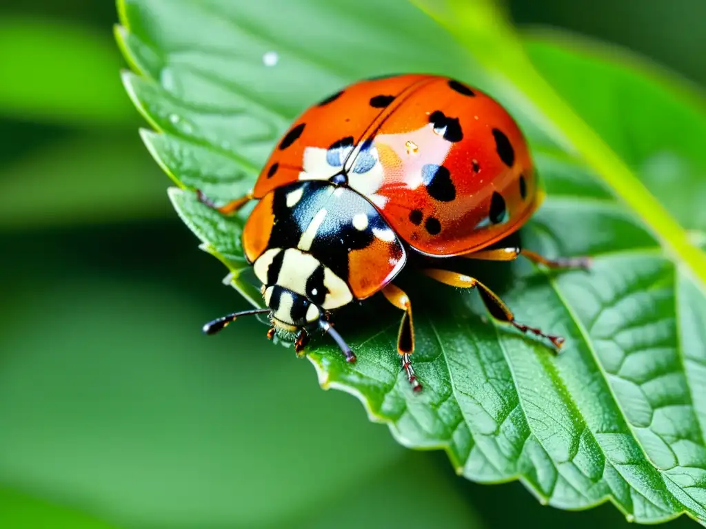 Detalle asombroso de una mariquita en una hoja verde, destacando su belleza y el control biológico de insectos en la agricultura