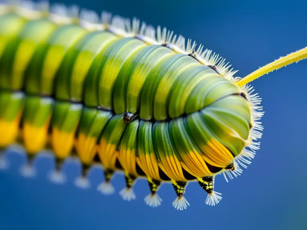 Detalle asombroso de la metamorfosis de un insecto, mostrando la transición de la oruga a crisálida con colores vibrantes y texturas