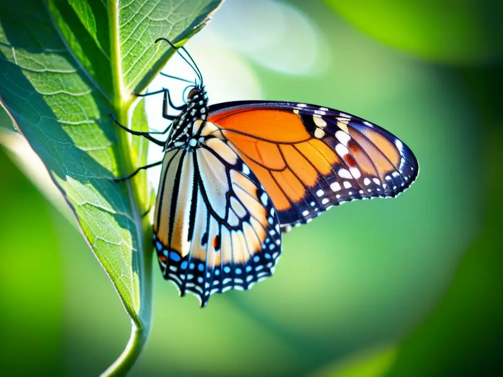 Detalle asombroso de la metamorfosis de una mariposa monarca, resaltando la importancia de las hormonas en el proceso de transformación