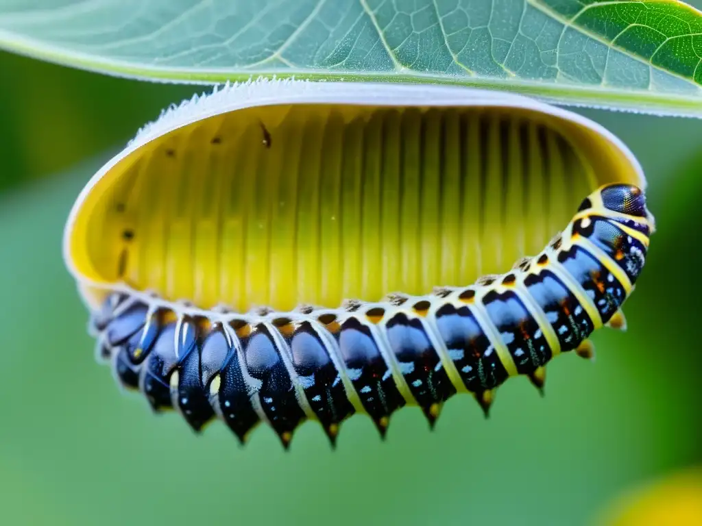 Detalle asombroso de la metamorfosis de una oruga en una crisálida, destacando la importancia de los microorganismos en la transformación de insectos