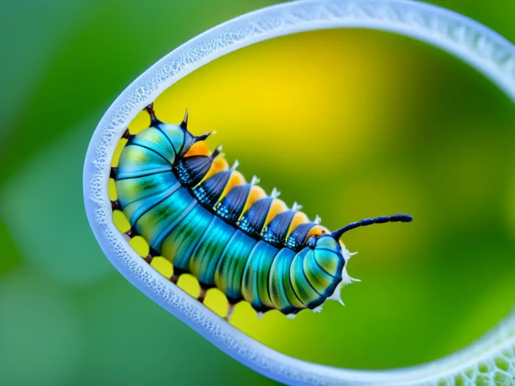 Detalle asombroso de metamorfosis de oruga con chrysalis