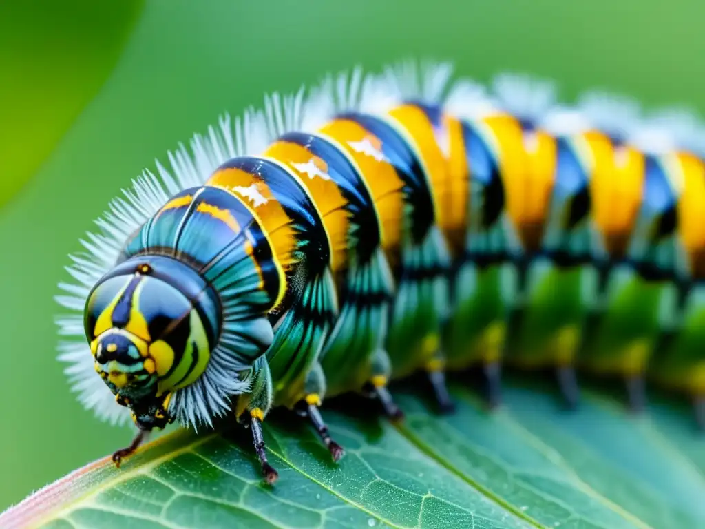 Detalle asombroso de la metamorfosis de la oruga, resaltando la importancia de la metamorfosis en insectos con colores vibrantes y texturas, incluyendo las alas en desarrollo de la mariposa