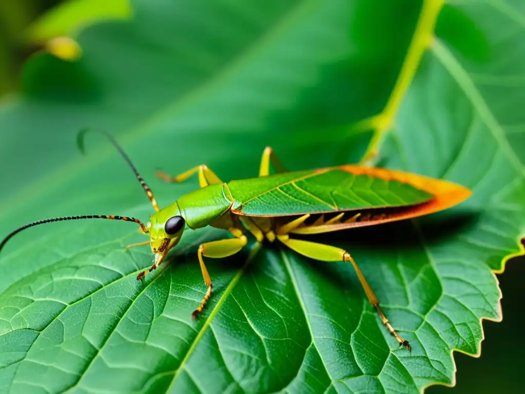 Detalle asombroso del mimetismo y camuflaje en insectos: Phyllium giganteum imita perfectamente la hoja, un prodigio de la naturaleza