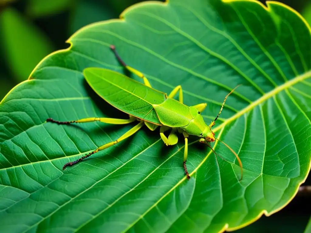 Detalle asombroso del mimetismo y camuflaje en insectos: Phyllium giganteum imita perfectamente una hoja entre el follaje