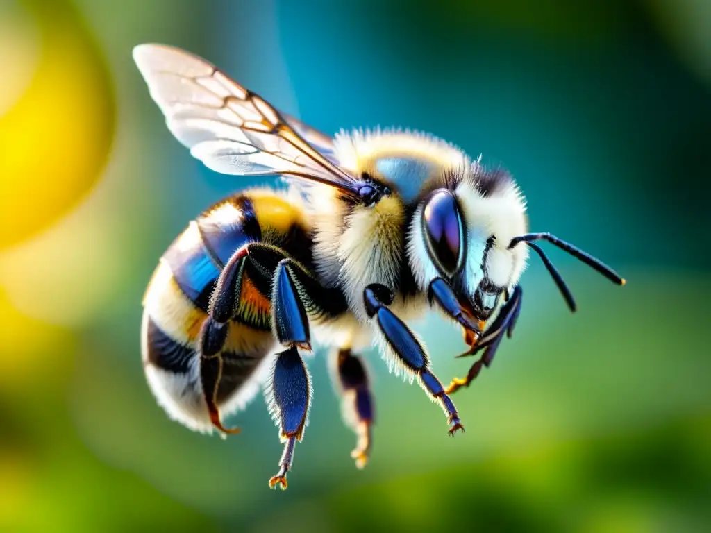 Detalle asombroso del misterio del vuelo de insectos: alas de abejorro con estructura delicada y transparente, en pleno vuelo entre flores vibrantes