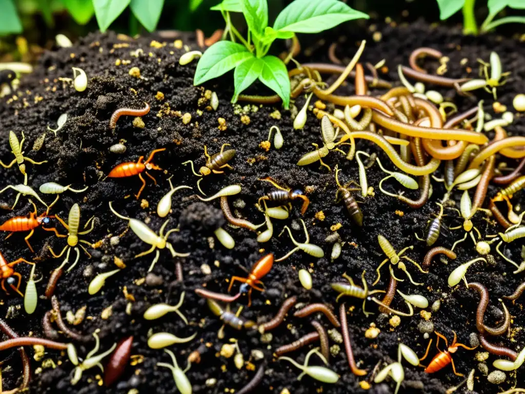 Detalle asombroso de un montón de compost rebosante de vida, atrayendo descomponedores esenciales al jardín