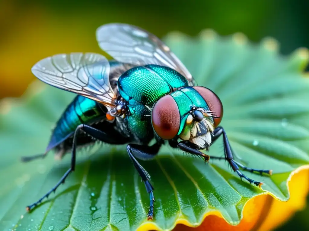 Detalle asombroso de mosca Calliphoridae en fruta en descomposición, resalta la importancia de la entomología forense en crímenes