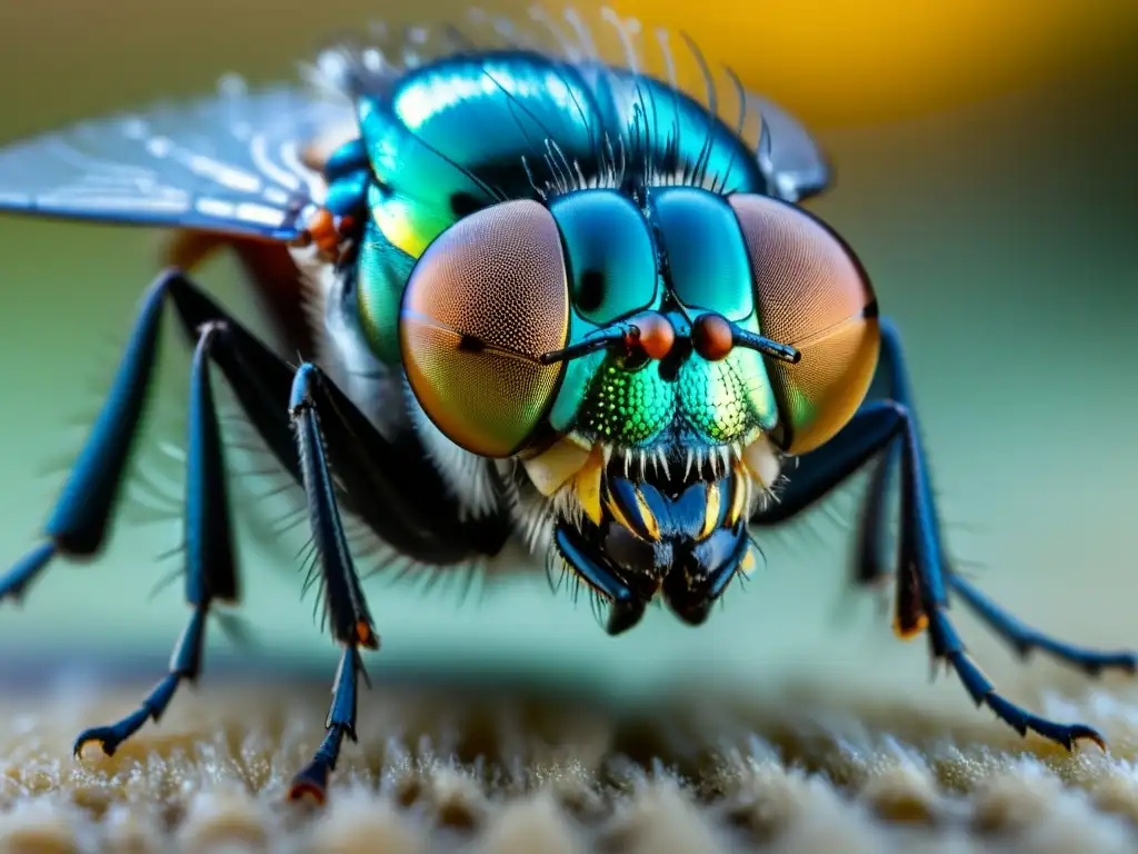 Detalle asombroso de una mosca doméstica en vuelo, mostrando su adaptabilidad en el entorno urbano