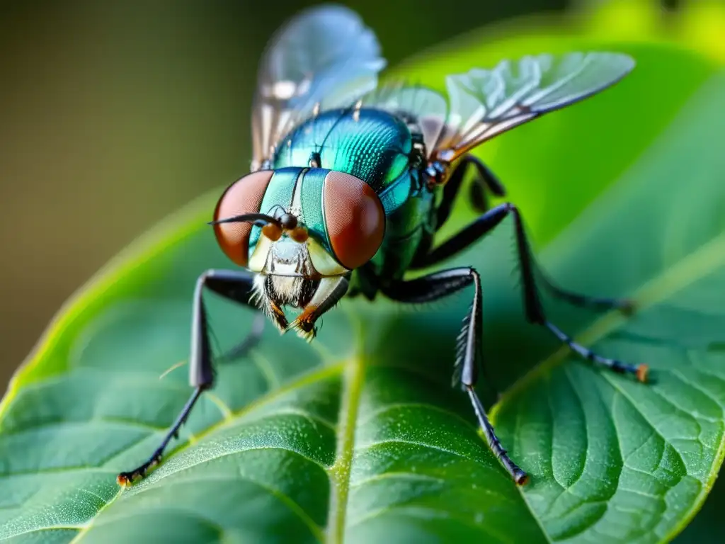 Detalle asombroso de una mosca sobre una hoja, con sus ojos compuestos, alas iridiscentes y adaptación de insectos a desafíos ambientales