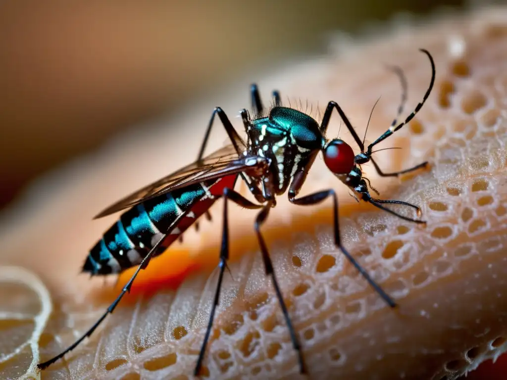 Detalle asombroso de un mosquito Aedes aegypti alimentándose de sangre en la piel humana, destacando la amenaza de propagación del dengue por insectos