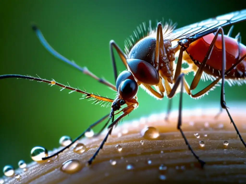 Detalle asombroso de un mosquito Anopheles hembra alimentándose de un brazo humano