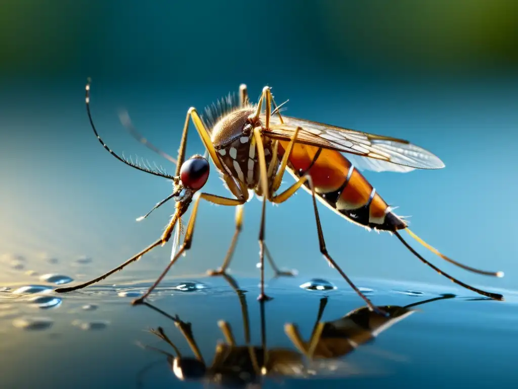 Detalle asombroso de un mosquito en una gota de agua, destacando la importancia del saneamiento en control de vectores