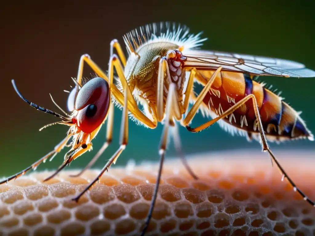 Detalle asombroso de un mosquito Anopheles hembra, a punto de picar el brazo humano, destacando la transmisión de la malaria en insectos