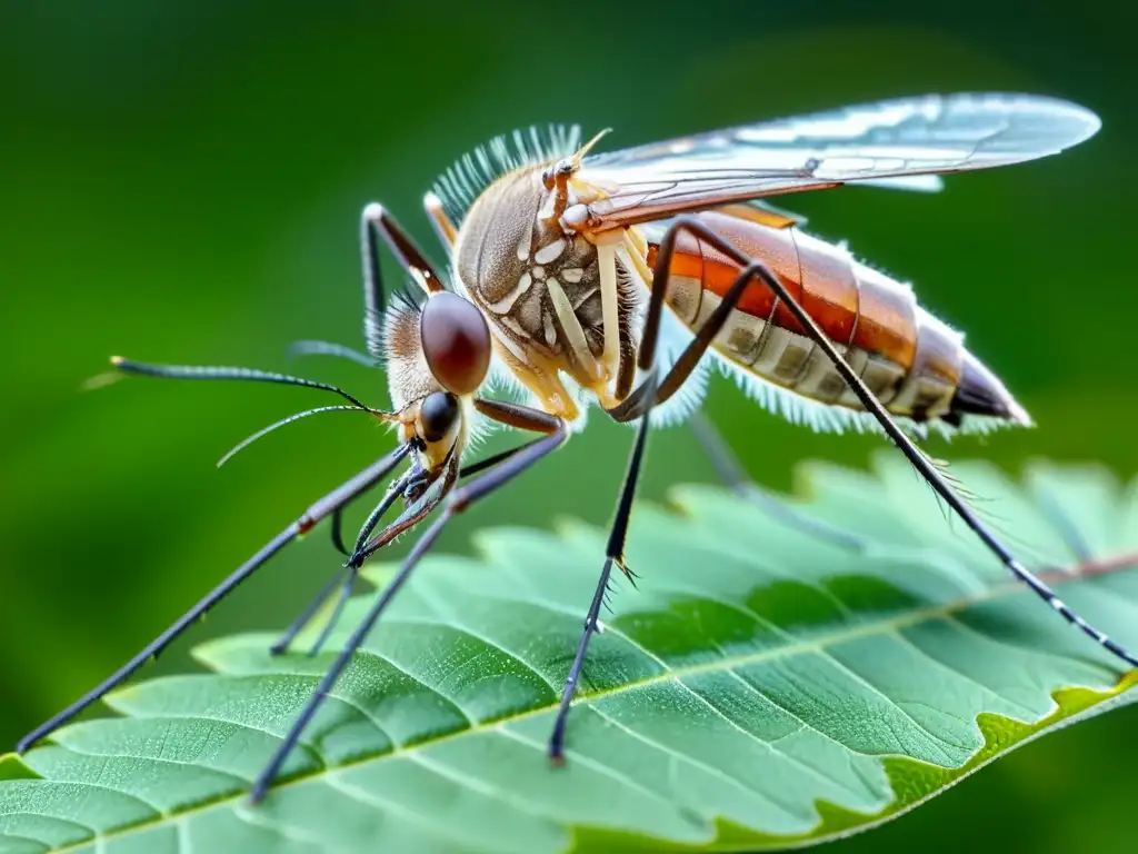 Detalle asombroso de un mosquito alimentándose en una hoja