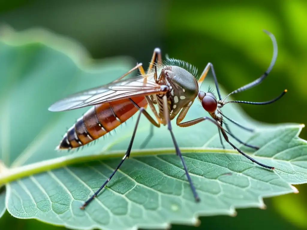 Detalle asombroso de un mosquito en una hoja verde, con sus alas y patas peludas